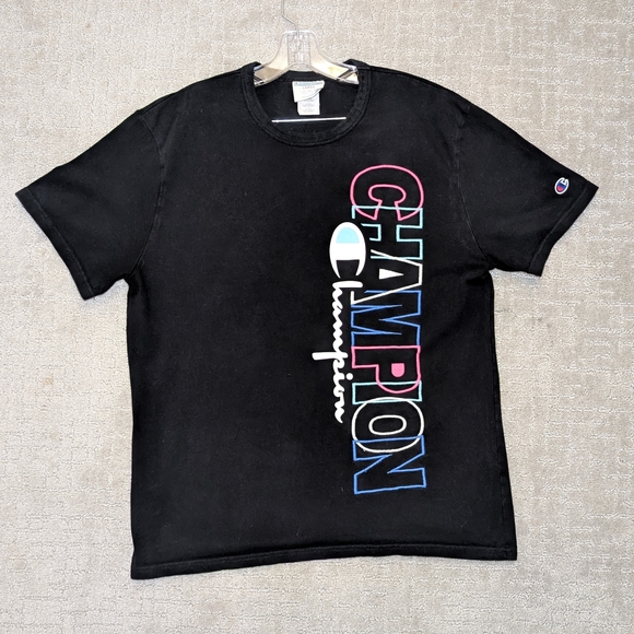 90's Style Champion Black Neon Embroidered Logo T-shirt Unisex Large 100% Cotton - Picture 11 of 11
